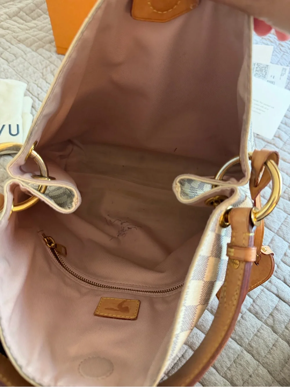 Louis Vuitton Damier Azur Check Shoulder Bag with Tan Leather Trim